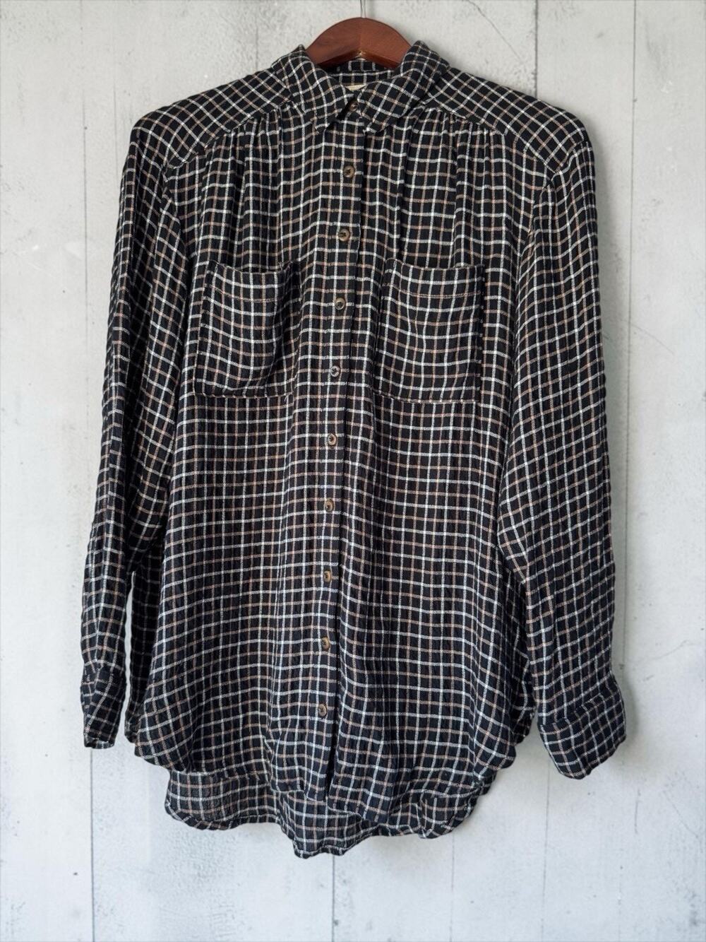 Pilcro Women Woven Plaid Button-Up Shirt Black White Relaxed Pockets Size S